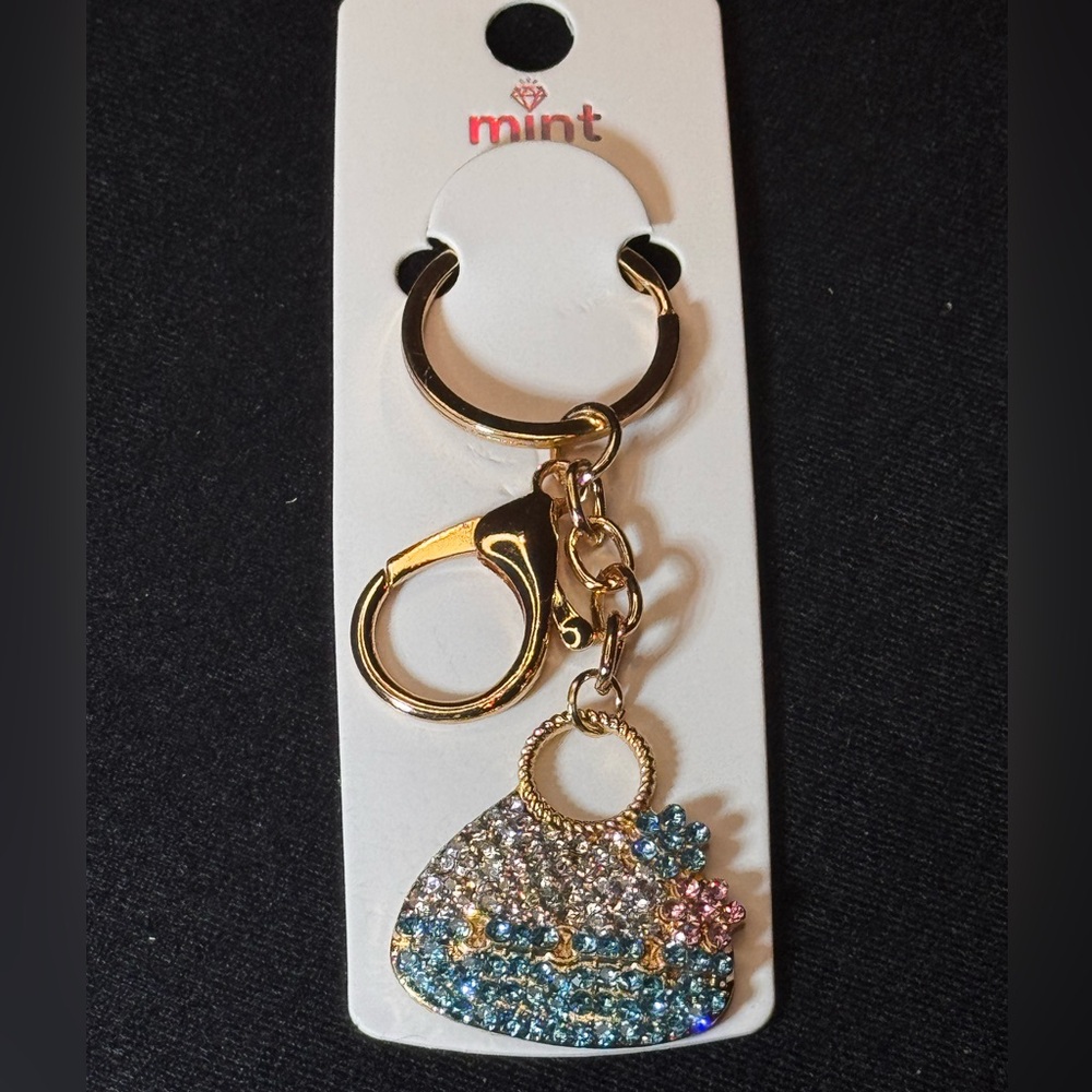 BAG CHARM Mint Gold and Blue Crystal Pink Blue Flower Purse Key Holder